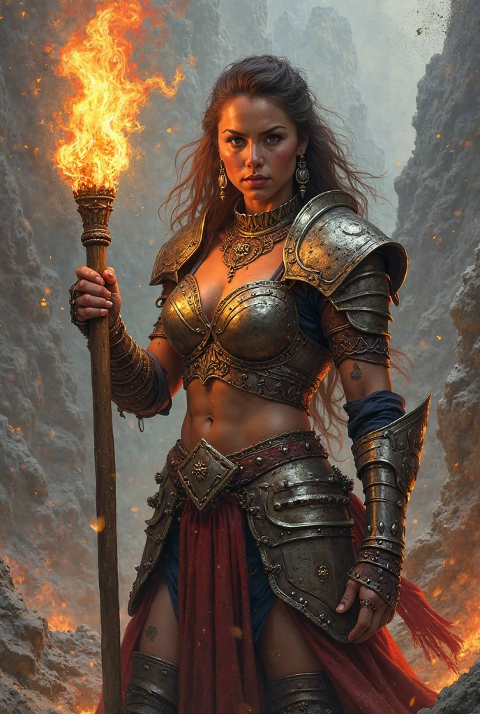 a woman in armor with a sword and fire in her hand, Concept art by Yang J., Artstation contest winner, Fantasy Art, she has fire powers, a very beautiful berserker woman, appears as the goddess of fire., fire wizard, fantasy woman, The flames surround her, diablo 4 queen, evil fire sorceress in the forest, epic Fantasy Art style