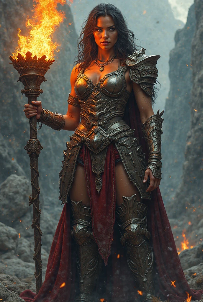 a woman in armor with a sword and fire in her hand, she has fire powers, a very beautiful berserker woman, appears as the goddess of fire., fire wizard, fantasy woman, evil fire sorceress in the forest, The flames surround her, diablo 4 queen, epic fantasy art style, the queen of fire, diablo 4 Lilith, Goddess of hot fire