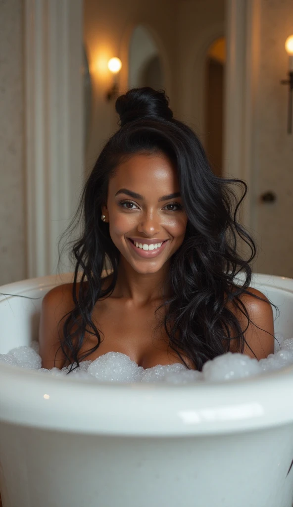 Long wavy hair, black woman, medium brown skin toned, in the bathtub and bathroom full of flowers and plants.