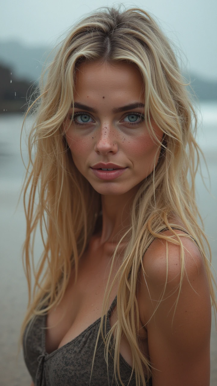 cute blonde lady, freckles, grunge makeup, brown eyes, shy demeanor, lustful, mysterious, hyperdetailed photography, at the beach, wearing bikini