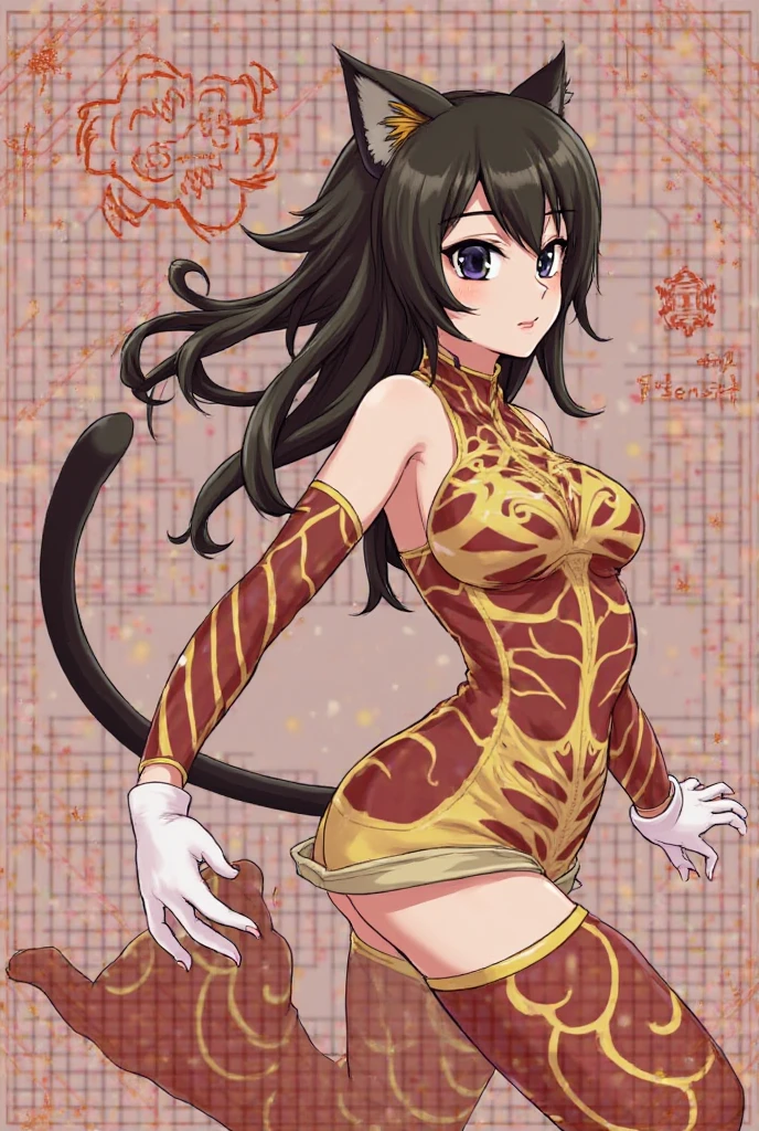 A lovely woman (in a cheetah print ninja outfit, cheetah ears headband, razor fist blades) is using her ninja training to run really fast, zooming towards a scared goblin warrior
