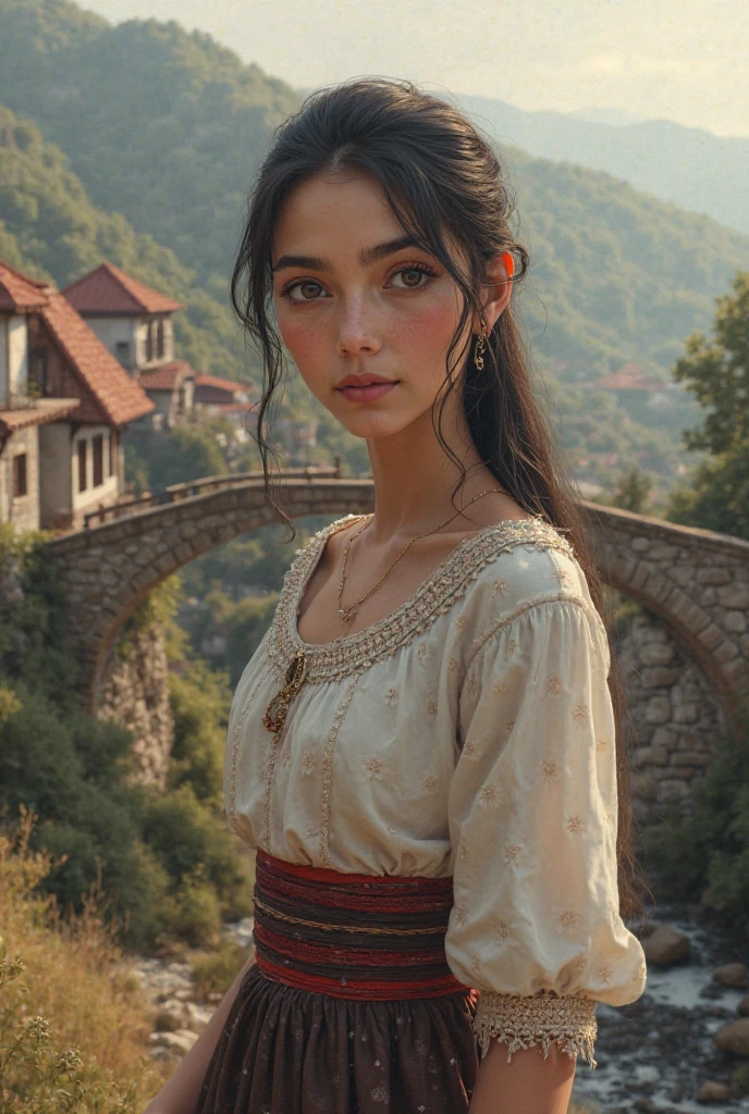 a young woman in 18th century Colombian attire, dressed in a simple, period-appropriate dress with a shawl, in a quaint village of Guaduas, with colonial houses and lush vegetation in the background, captured in a medium shot highlighting her youthful expression, hyper-realistic, photo realism, cinematography --ar 9:16"