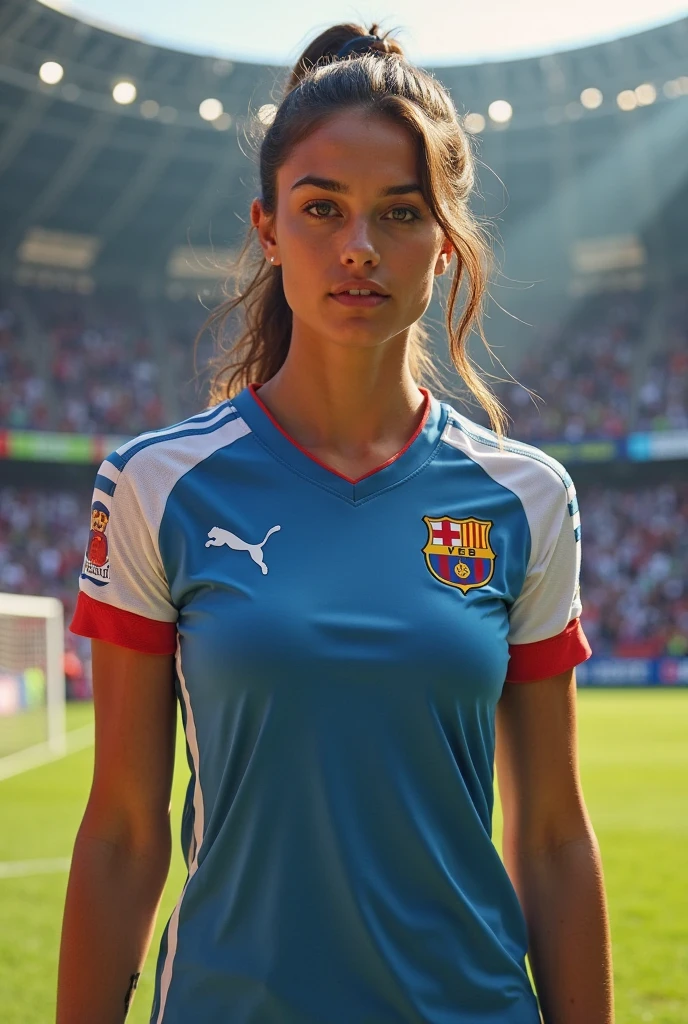 Beautiful smiling, very large breasts, smiling woman wearing a white soccer top, white soccer shorts, full length body, woman standing in front of a soccer pitch, highly detailed, 22 years old, , , smile face, brunette hair, blue eyes, high resolution, Masterpiece, Best quality, Intricate high detail, Highly detailed, Sharp focus, Detailed skin, realistic skin texture, texture, detailed eyes, professional, 4k, charming smile, shot on Canon, 85mm, shallow depth of field, Kodak Vision Color, Perfect Fit Body , extremely detailed, photography_\(ultra\), Photorealistic, Realistic, Post-processing, maximum details, roughness, real life, ultra realistic, Photorealism, photography, 8k UHD, photography, large breasts