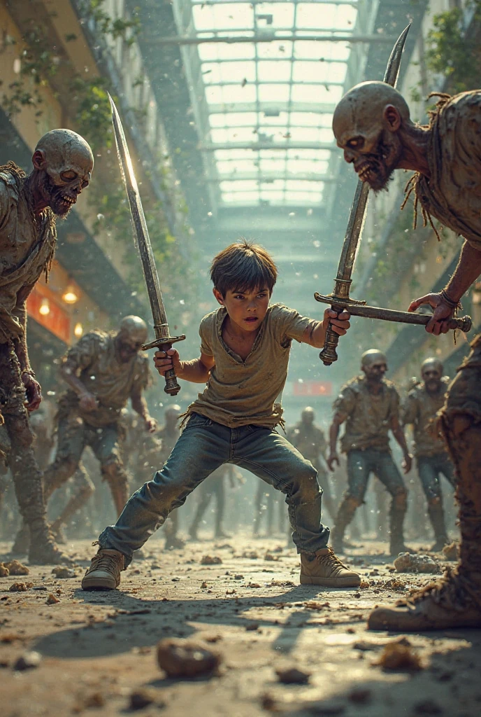 Create an image where a 14-year-old boy is wearing a mask with pants and a black sweater with white sneakers with a katana in his hand cutting down several zombies on the street, an image with good quality.