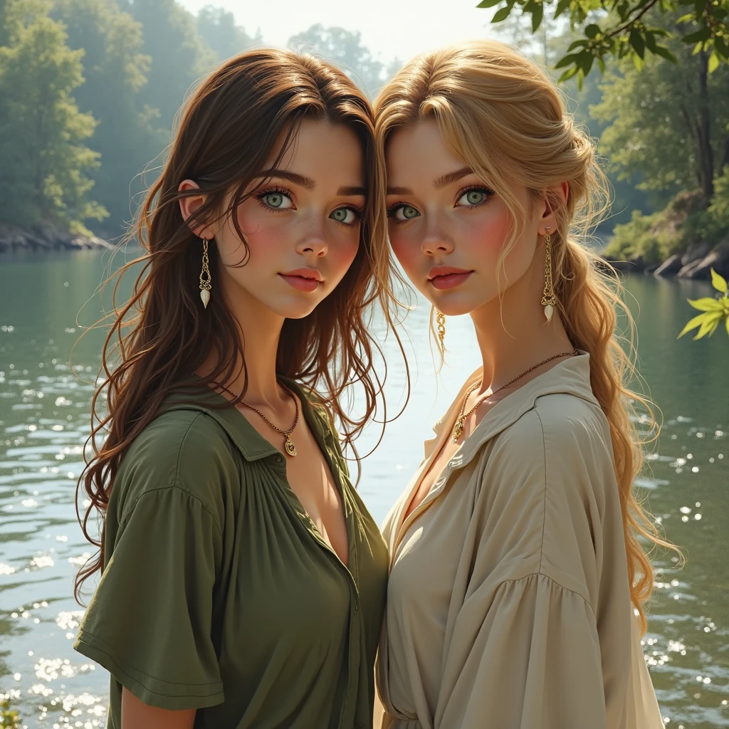 A high-resolution photograph of a 2 French woman with freckles. She has long brown hair in a loose updo and soft facial features. She is wearing a light, short sundress with a floral design and a plunging neckline. The dress has a boho-chic style. The background is a serene landscape with mountains, trees, and a body of water. The lighting is soft, with a warm hue. The overall image has a depth of field effect, with the subject in sharp focus and the background blurred. The photograph has a slight bokeh effect.