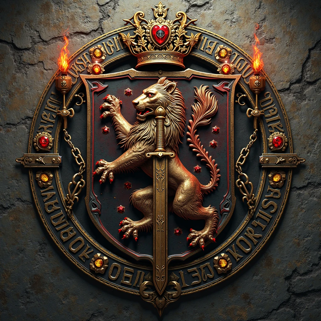 "An intricate medieval coat of arms, com detalhes goldens e prateados, design centered on an aged stone background. The coat of arms has a classic, with a rampant lion holding a sword in one hand and a scroll in the other. Around the coat of arms, medieval elements such as chains, burning torches and ancient runes. At the top, an iron crown adorned with precious stones. The lighting is dramatic , with deep shadows and light reflections on the metallic edges. cinematic style, 4K HD, rich, vibrant colors (golden, red, black and silver ), hyperrealistic details, Epic and mysterious atmosphere."