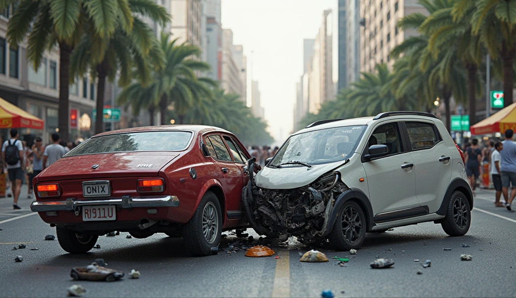 A car crashes into another vehicle, wrecking the vehicle, and onlookers gather at the scene taking photos with their smartphones, Generated in SFW
