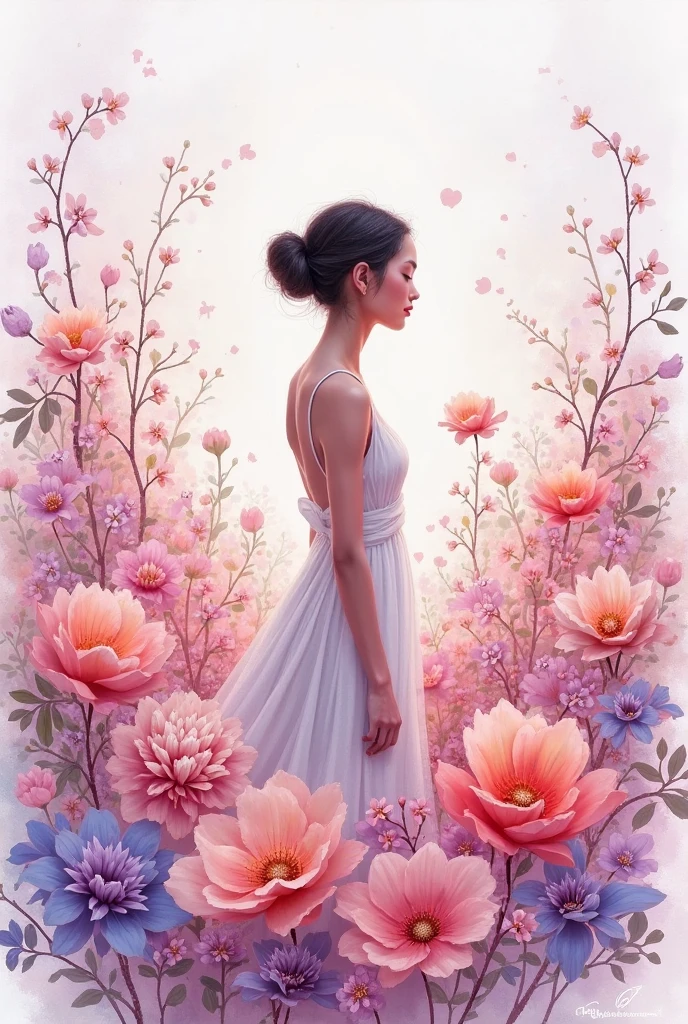 1 girl,flower, Platycodon ,light pink和浅蓝色的风格, Fantasy and romantic works, light pink, ethereal leaves, Interesting arrangement,fantasy, high contrast, ink strokes, explode, overexposure, Impressions of purple and red tones , Abstract, ((Watercolors by John Birkey and Jeremy Mann )) brush stroke, negative space,