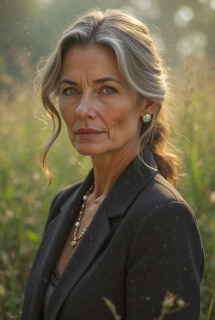 beautiful woman of 55 against the background of autumn landscape