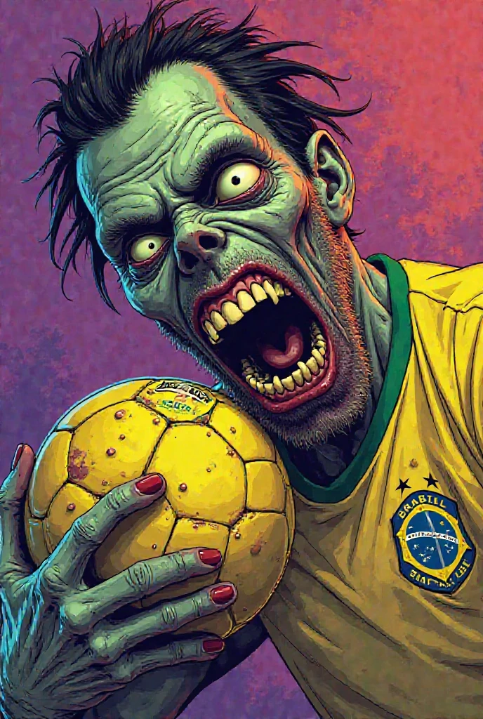 /imagine prompt: A zombie wearing a jersey of the Brazilian soccer team, A blindfolded zombie wearing a Brazilian national team shirt, a zombie puppet , Yelling, attack pose, --v 5.2 --auto