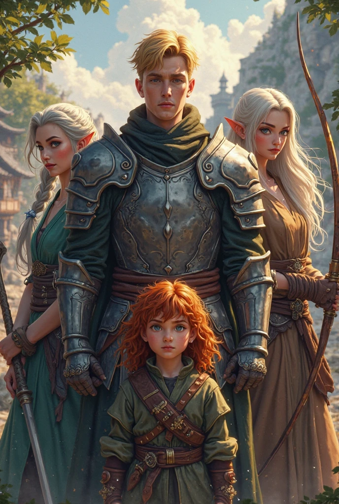 Group of 5 members, human green eyes, black hair, staff, green clothes, An elf, red hair and green eyes with a bow and arrow, a human with hair, black clothing, one brown eye and one blue, a human monk with black hair, a boy with white hair and tattoos on his body