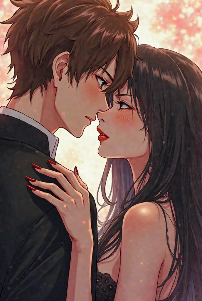 (Romantic and passionate kissing scenes in movies),(Best Quality, Cinematic, The best lighting and shadows),(up close shot, an extreme closeup shot),(1girl and 1 boy),(Long hair:1.2+Suit),(Red Lipstick:1.4+Black hair), Romantic music, Blurred background