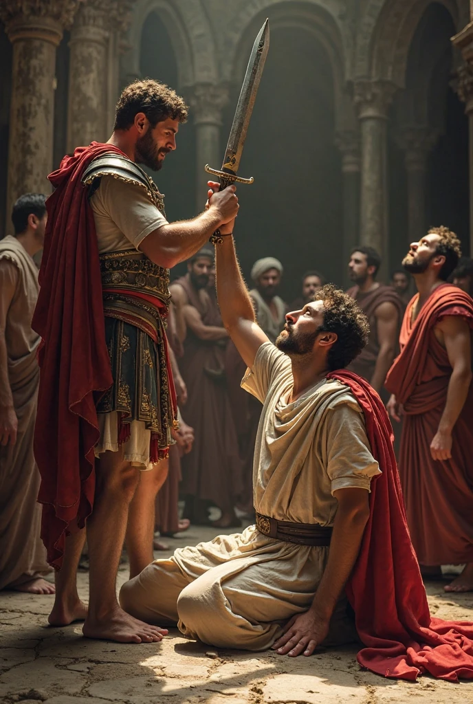 (masterpiece, 8K, UHD, photo-realistic:1.3), Alexander the Great, (drunken state:1.3), ancient Roman attire, turning violent, (terrifying expression:1.1), brandishing a sword, Cleitus the Black sleeping on the floor, bullying guests, opulent feast, wine spilling, food scattered, tense atmosphere, Greg Rutkowski style.