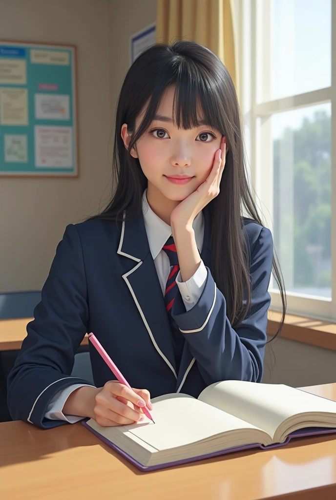 Imagine a charming illustration in the style of Loundraw, depicting a beautiful school girl. She wears a classic school uniform, with a well-fitting skirt and impeccably lined shirt. Her long black hair, with a soft bangs, falls gracefully over her shoulders. The girl is depicted in a school setting, with a calm and serene environment, illuminated by a soft and neutral light. The details of the scenery, such as school tables and chairs, chalkboards and books, are carefully represented to create an authentic atmosphere. The girl's expression is calm and focused, revealing her determination in her studies. The illustration conveys a sense of serenity and focus, capturing the subtle beauty of the school routine in a delicate and emotive artistic composition.