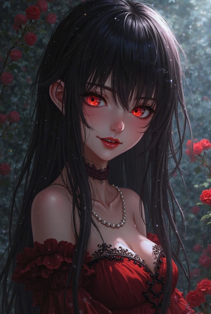 (8k,high resolution,masterpiece:1.2),actual,photo-actual:1.37,devil girl,red corner,beautiful and delicate eyes,beautiful and delicate lips,Extremely detailed eyes and face,long eyelashes,Sexy long black hair,fiery red eyes,Wearing a dark flowing robe,Floating in a misty forest under the moonlight,Red eyes penetrate the darkness,The soft and ethereal light reflects her graceful figure,Subtle shadows dance around her,Red rose surrounded by thorny vines,A sinister yet fascinating presence..,Depicted with dark and dramatic chiaroscuro lighting,Create an unforgettable and charming atmosphere,A clever fusion of traditional oil painting and digital art,evoke a sense of mystery and,Perfectly capturing the beauty and darkness of the enchantress.