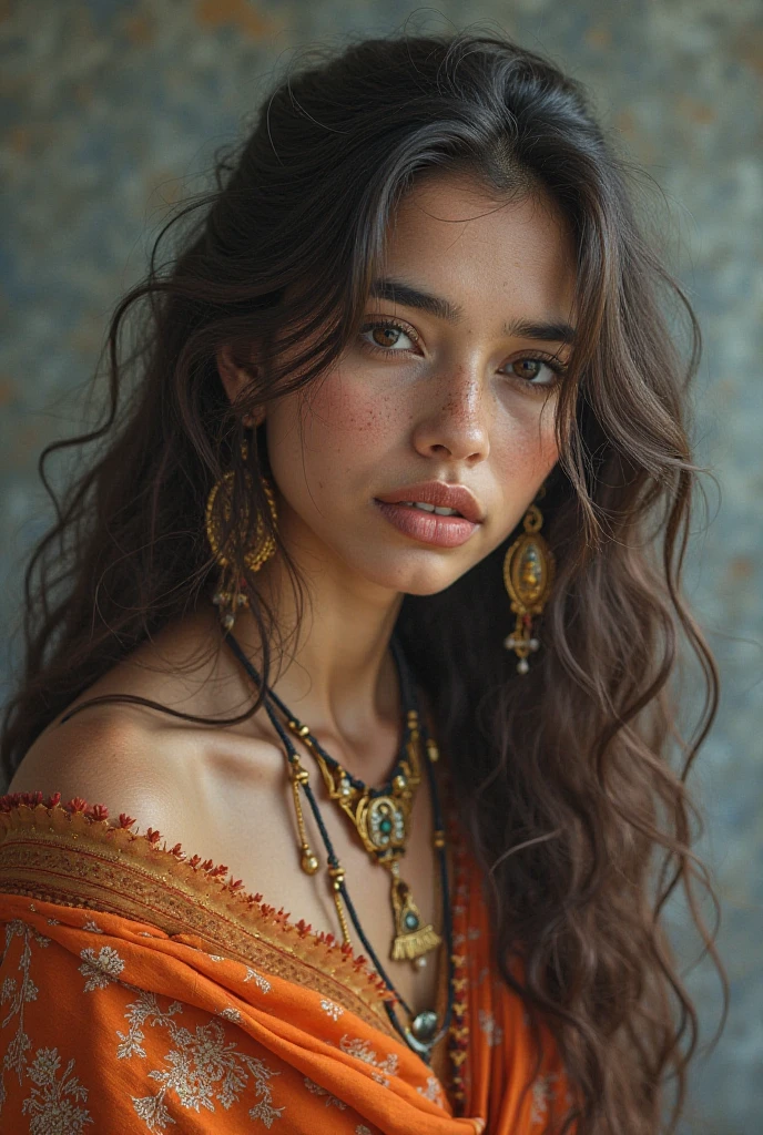 Outdoor photo of a boy in school, school photo, masterpiece, (realistic:1.7), best quality, beautiful light, Eleanor, a 1 Venezuelan girl, wears dark lipstick, big breasts, plus, random colors, beautiful eyes, very tall, long curly hair bun, lift, wears salvar.