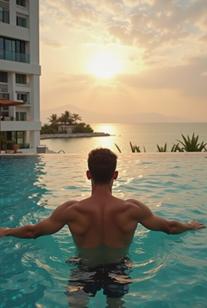 naked man by the pool,lofi,masterpiece:1.2,ultra-detailed,realistic,night scene,dark blue color,gentleman,lonely,reflection on the water,subtle moonlight,relaxing music,calm atmosphere,single light source,ripples in the pool,subdued lighting,quiet,serene,detailed surroundings,crisp shadows,stillness