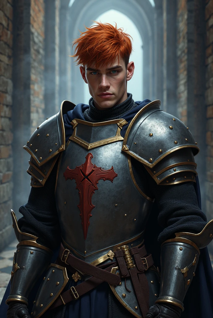 Photo réaliste Tres beau jeune homme charmant regard et tête  angelique cheveux roux yeux bleu perçant  lèvres roses  et brillante en armure sous le soleil dzns un forêt brouillard 