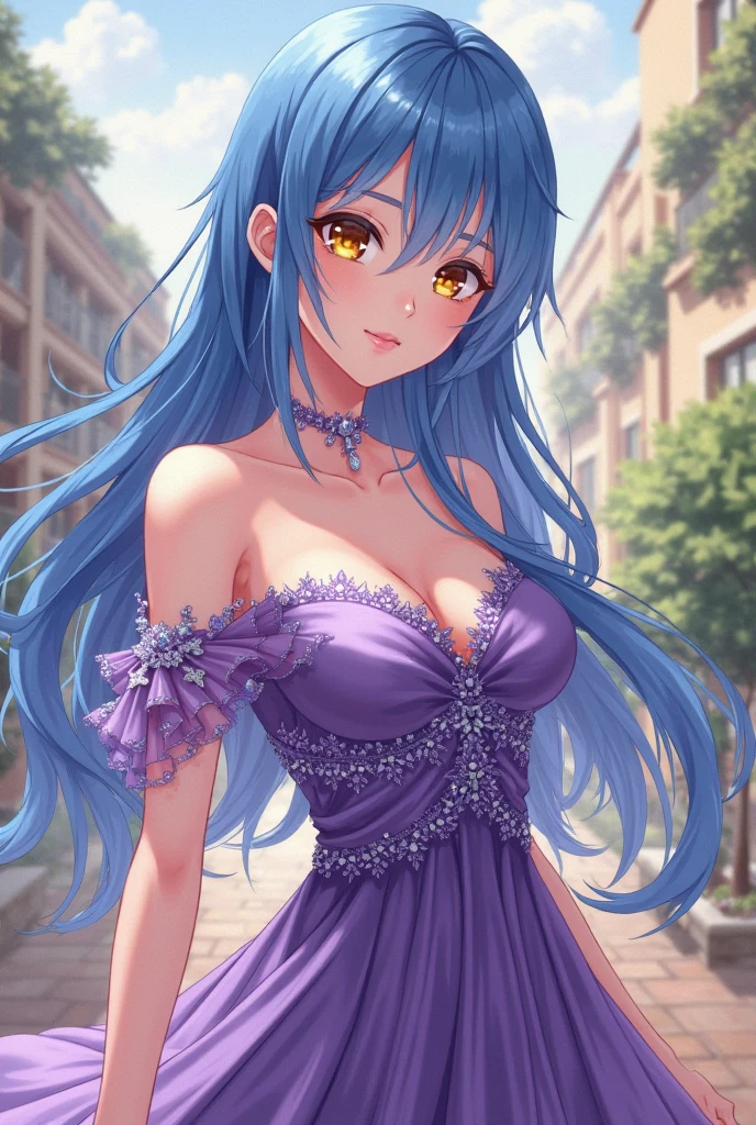 ((I want a woman alone, curvy and beautiful body, light blue eyes and purple wavy hair, sharp look, smile on her face and wearing a beautiful dress))