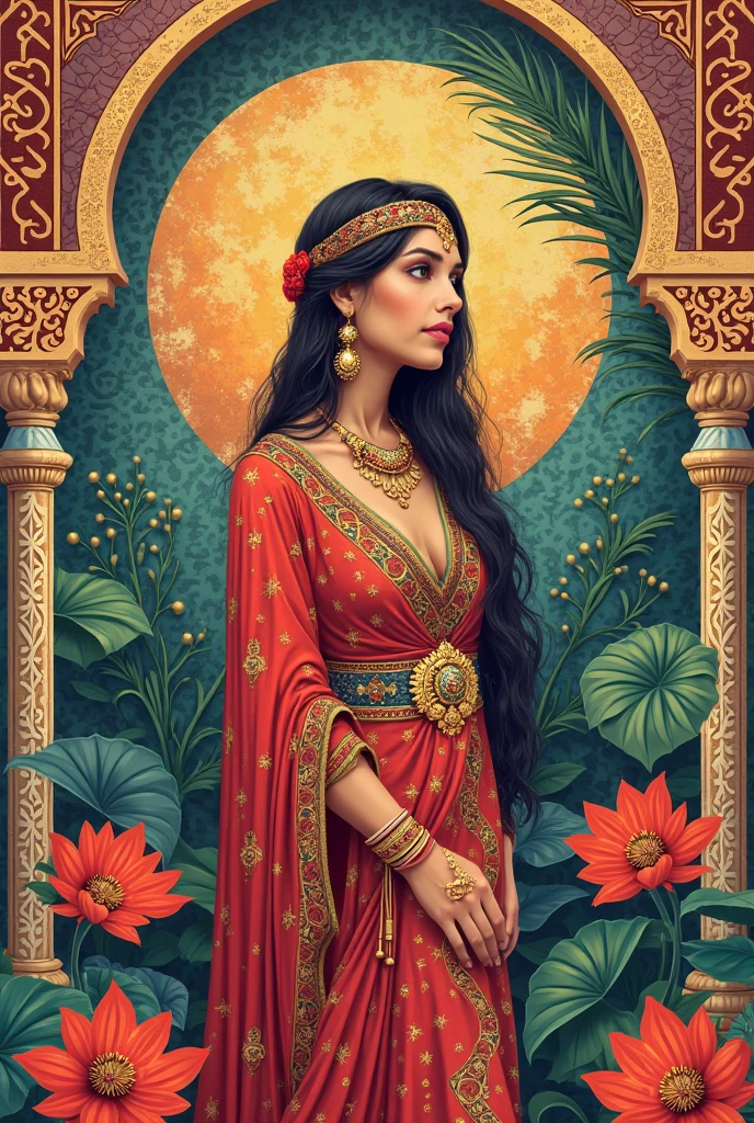 ((joyful ((athletic ((Pakistani)) girl)) with (long curly hair with highlights) (sitting in opulent throne) while peacefully observing the sunrise, (wearing detailed lace orange-and-green negligee), (wearing antique lace necklace), (detailed flower tattoos on arms and legs), plump legs spread apart, high quality photo, outside next to flowing riverbank with incense burning and (with many potted plants during foggy sunrise)