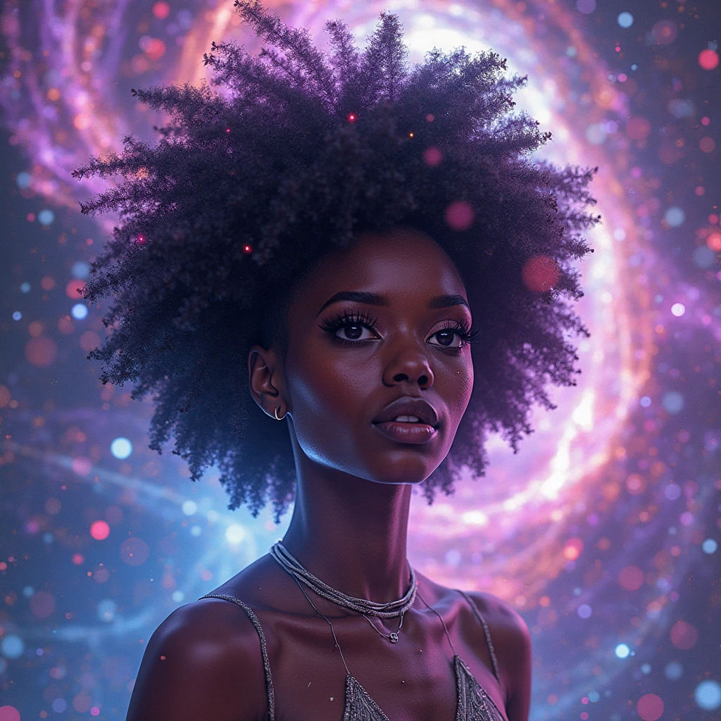Create a full-body shot of a black woman, reclined in an empty, dark room. The serenity of the night is broken by the ethereal glow emanating from her body. Ultra HD, 32k resolution captures every intricate detail of her features, an unreal engine rendered masterpiece. Draped in the velvety darkness, her skin radiates an otherworldly luminescence, stars and galaxies swirling within her being.
The emptiness of the room becomes a canvas as beams of light, reminiscent of celestial bodies, projected from her form. A glowing, photorealistic image of the universe unfolds, shimmer