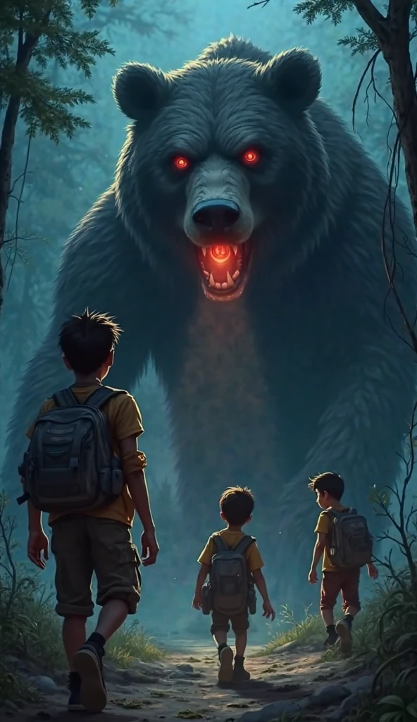 3 boys counter a beast in the forest.