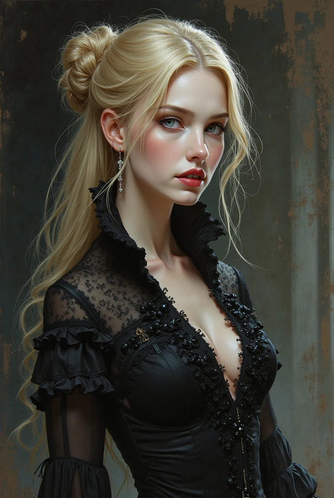 a goth picture of Barbie as a gothic queen (best details, Masterpiece, best quality :1.5), ultra detailed face (best details, Masterpiece, best quality :1.5), ultra feminine (best details, Masterpiece, best quality :1.5), wearing latex black mini dress, black stockings, pink high heels, long braided hair, hair pulled back, blond hair, dynamic goth background (best details, Masterpiece, best quality :1.5), ultra best realistic pictures , best details, best quality, 16k, [ultra detailed], masterpiece, best quality, (extremely detailed), ultra wide shot, photorealism, depth of field, hyper realistic painting