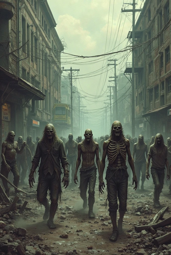 zombies chilling out in the moody scene, looking at the sunset