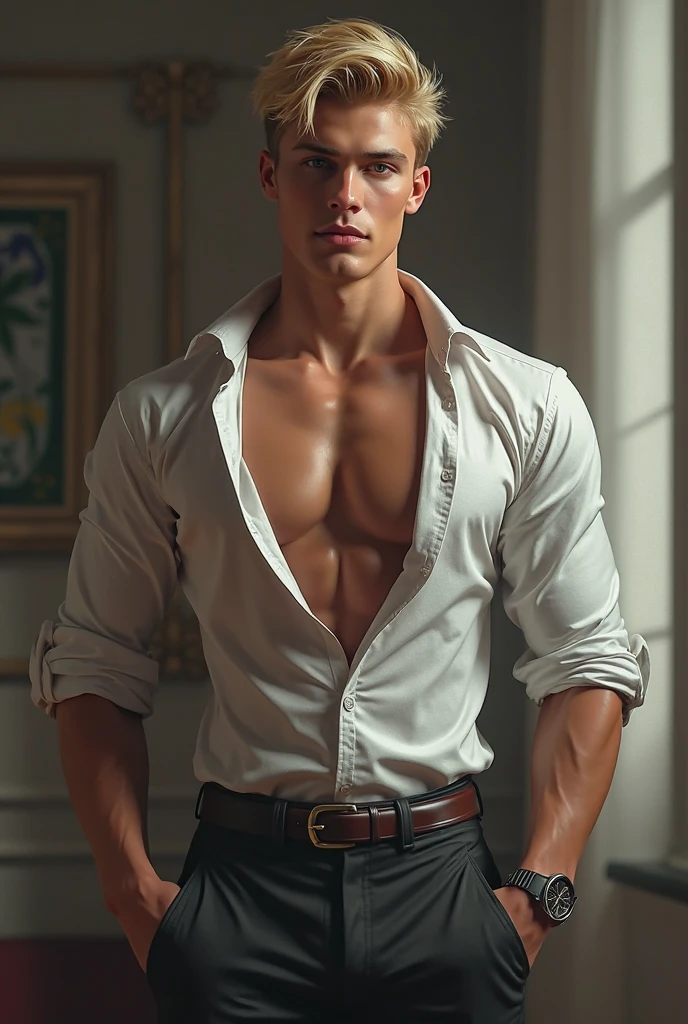 Portrait of a 18 year old young man, napoleon clothes, blushing, blonde, open shirt, show torso, show pecs, French military uniform, underpants, handsome supermodel, Greek profile, Greek face, strong jaw, white skin, extremely pale skin, attractive boy, blonde boy, cinematographic, best quality, sharpness, focus on the boy, anatomical perfection, golden ratio, open legs, commercial, bluge, perfect anatomy, perfect symmetry, facial symmetry, body symmetry, homoerotic