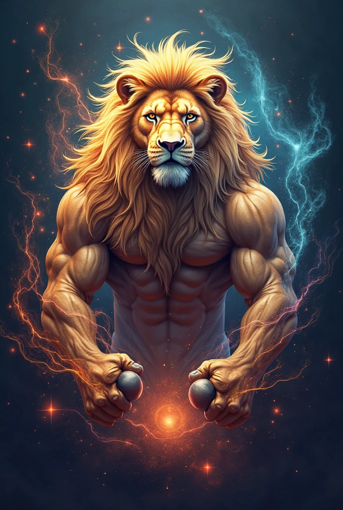 Pictured, blue-eyed lion with a golden aura coming out of his body and a sword sticking out of his mouth