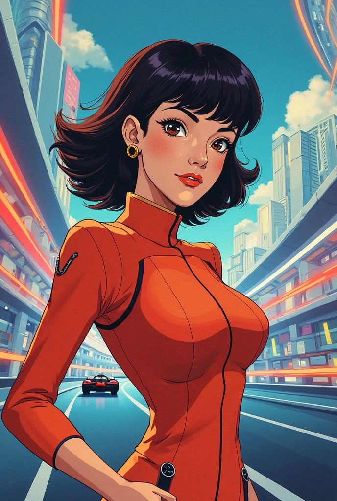 Ultra HD, masterpiece, 8k, Depth of written boundary, Detailing, (Woman in red dress), (In front of the car), Near future city, neon, Movie poster style, Desolate city, (Lots of wires), universe、smile、Smaller breasts