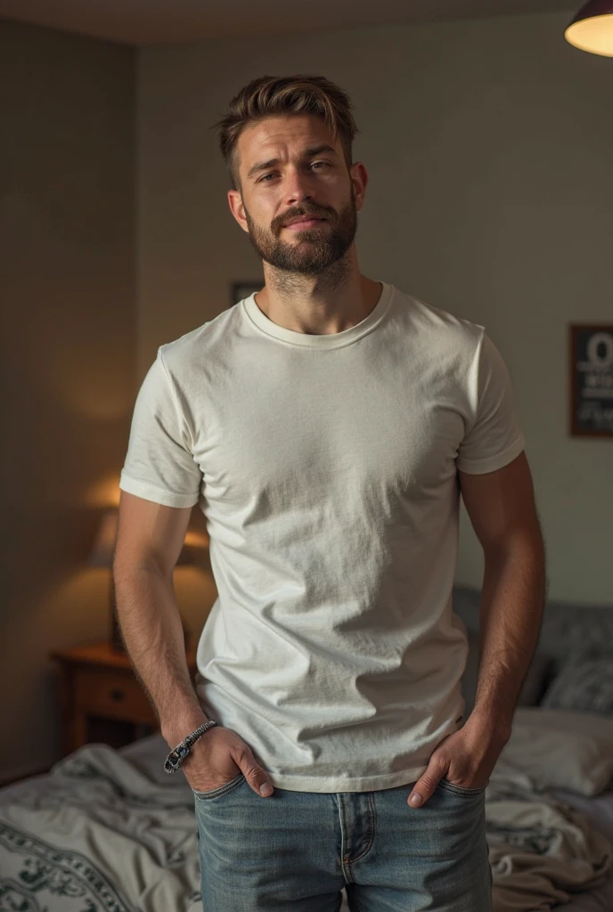 A handsome bald man reading book on the bed with a beard wearing a modern shirt and bracelets