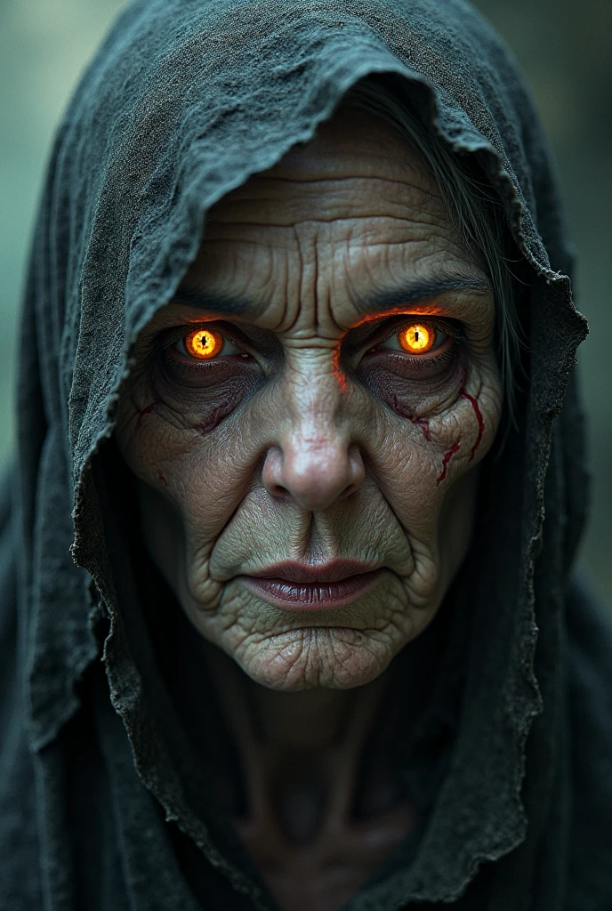 A very old woman, it looks like a corpse, half of your face is deformed, angry look, short gray hair, pale wrinkled skin, yellow pupil, hunched posture, penetrating and evil look, Long black cloak, Torn clothes, On the back is a crow feather cloak., the left side of the body is covered with bandages and a hood, dark place, expectation, mysterious, horror, busty