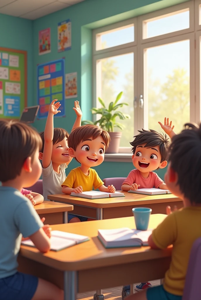 Children discussing Peru's independence in a classroom