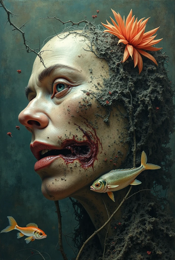 scary picture,Woman's head in a flower pot,No eyeballs,open mouth,bleed,night,