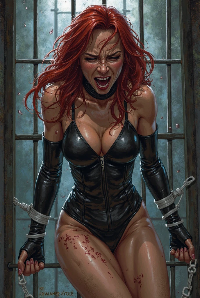 Beautiful Alluring scarlett johansonn, spikes and chains ornaments, choker, Barely Clothed, cleavage, Beautiful Face, inside a dungeon cell, chained to the walls, arms chained above her head, dirt, grime, dirty and sweaty skin, Ominous Gothic Theme, fantasy theme, Fiverr Dnd Character, Octane Render, Digital Art, Extreme Detail, 4k, Ultra Hd, Polished, Beautiful, Hyperdetailed, Intricate, Elaborate, Meticulous, Photorealistic, Sharp Focus, Wlop, Character Design, Unreal Engine, 3d Rendered, Volumetric Lighting, Reflections, Glossy, Digital Illustration, Pose, Suggestive Pose, Lewd, Full Body Shot, anatomically correct, squatting, naked, exposed breasts, exposed crotch, visible nipples, puffy vagina, chained at a dungeon wall 💖❤💕💋❣