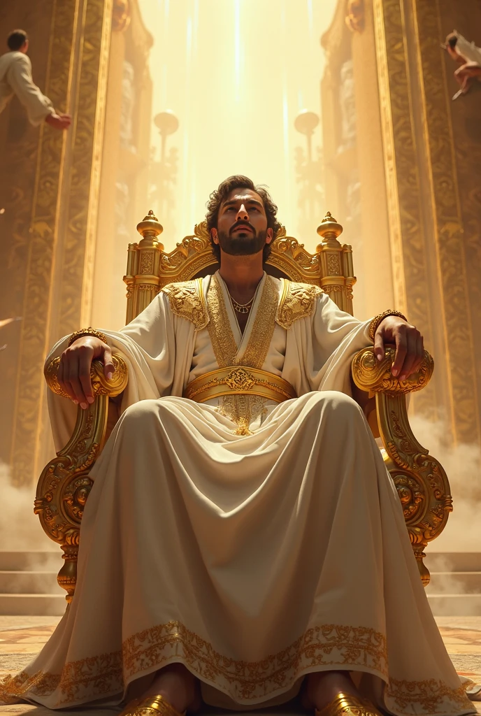 Make an image of a Man representing God who cannot stop seeing his face because of his holiness, seated on a shining golden throne, an image with dethales of a very powerful divinity. 