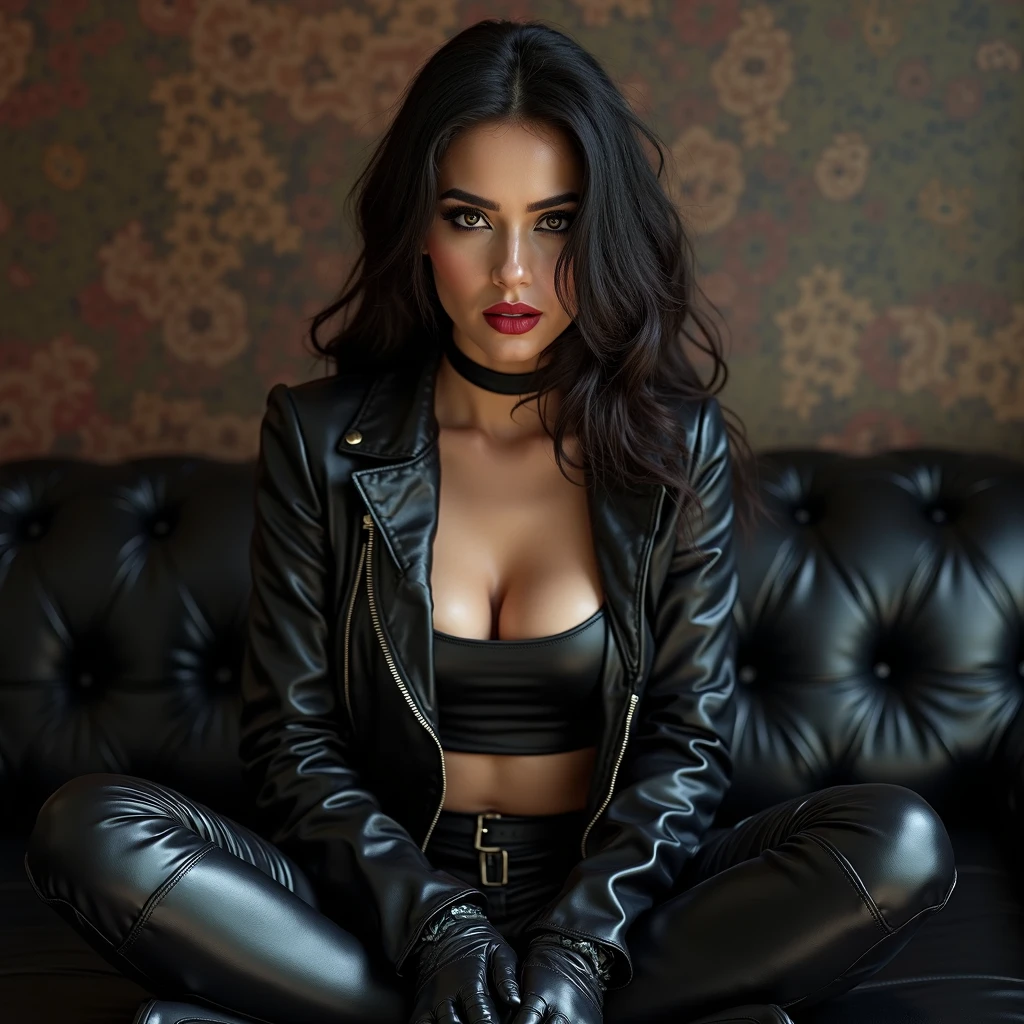 Beautiful turkish tall brunette, Medium size breast, long gloves in black leather, black leather dress　Black leather choker, Big breast, Long black leather boots　Young woman with long brown hair, deep cleavage, tall girl, Leather boots, Spreading legs wide open, Different poses, hapf body, sitting pose, wide opened legs,