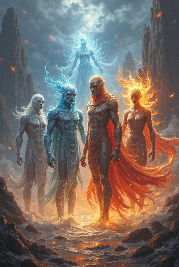 make a character 4 character and each of them as different elemental power (fire, water, air and earth)