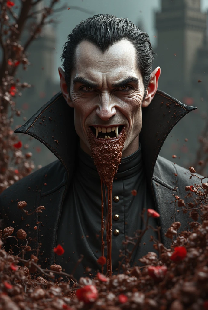 high quality 8k resolution, detailed and haunting, best quality, masterpiece, photorealistic, ultra-detailed, vampire, male, full body, anime, rich, feeding