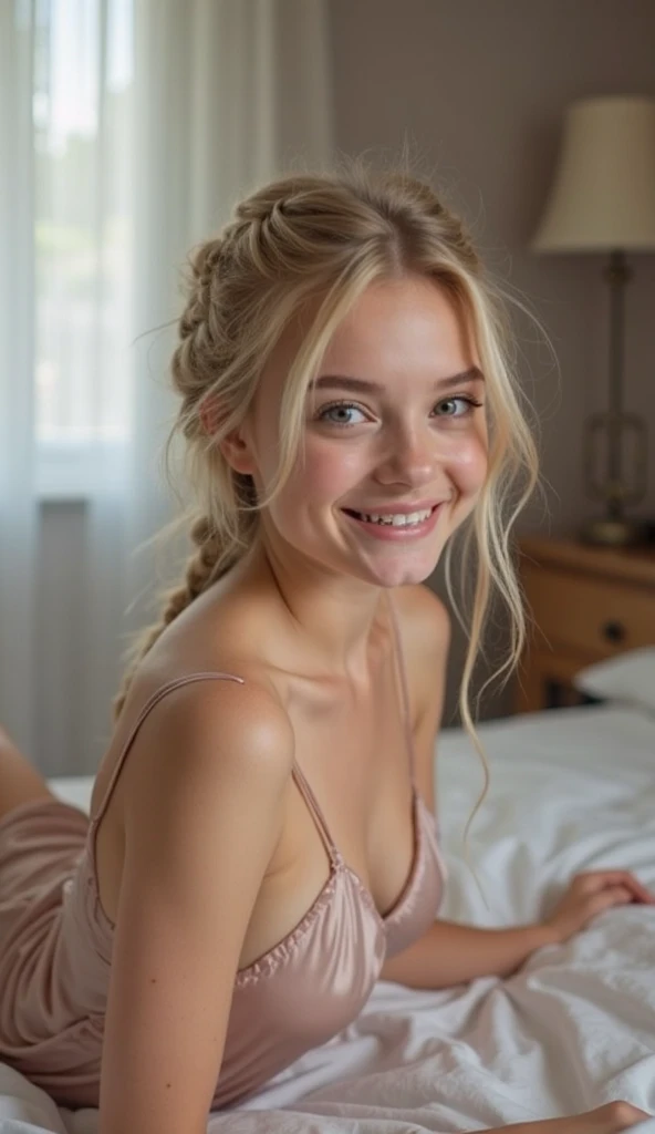 Young 19-year-old girl very long white shiny hair with big hair bun with sleek tied hair neatly , wear pastel red Floral Print lace bra and panties kneeling on the floor, smiling, very long white hair, wear gold necklace, top view, view from top,detail skin, age spot, detail skin texture, mole below eyes, small breast, flat chest, wide hips, small waists, thick thighs, slim abs, beautiful body, morning, laughing, happy, bright lighting, bedroom background, blur background, bokeh, location: bedroom, 30mm lense, wide Establishing shot, muted color grading, cinemascope, high quality, using Panavision DXL2 camera,
