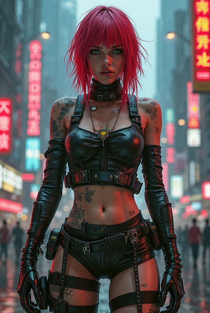 Beautiful woman, 21 year old, dyed pink hair, sexy leather clothes, long breasts, cyberpunk style, realistic detailed, portrait, bad ass, punk rock, rebel, sexy, full body shot