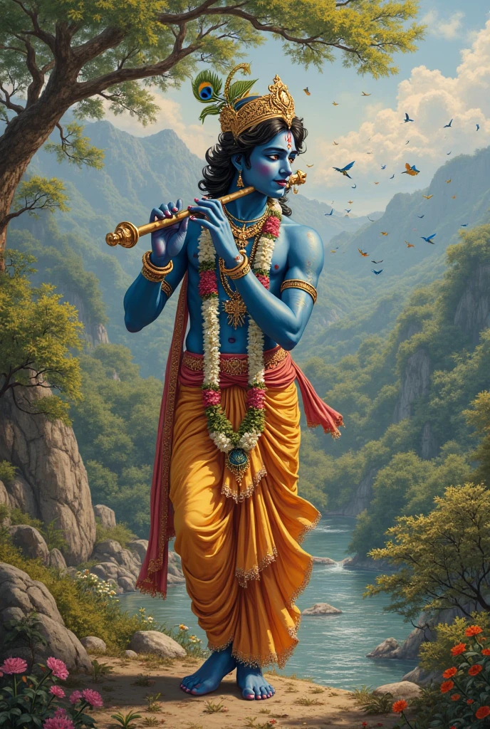 Shri krishna playing fluet,down in water,sinking down,beautiful peacock feather on head,closing eyes