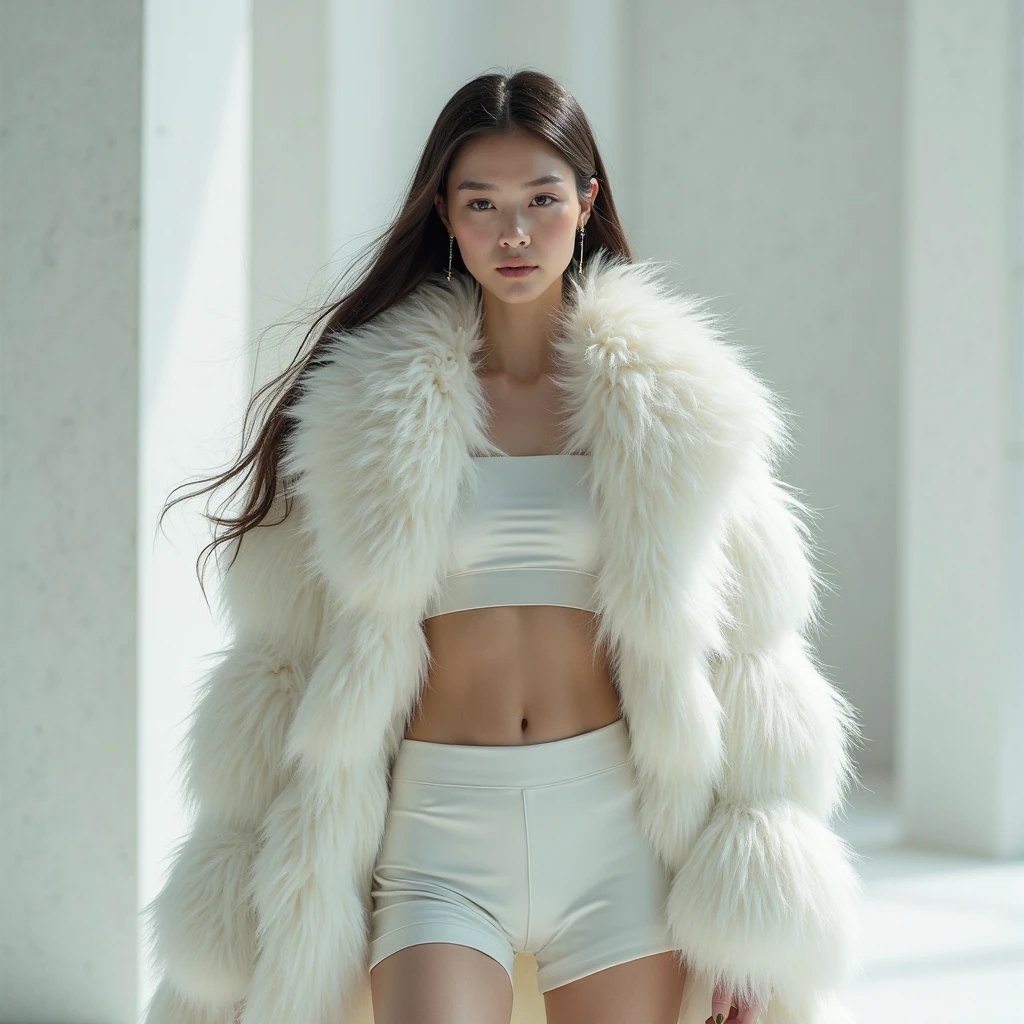 Asian Girl In White Fox Fur Coat, Knelling grabbing boobs under Fox Fur Coat. Sexy Eyes in a Hotel room.
