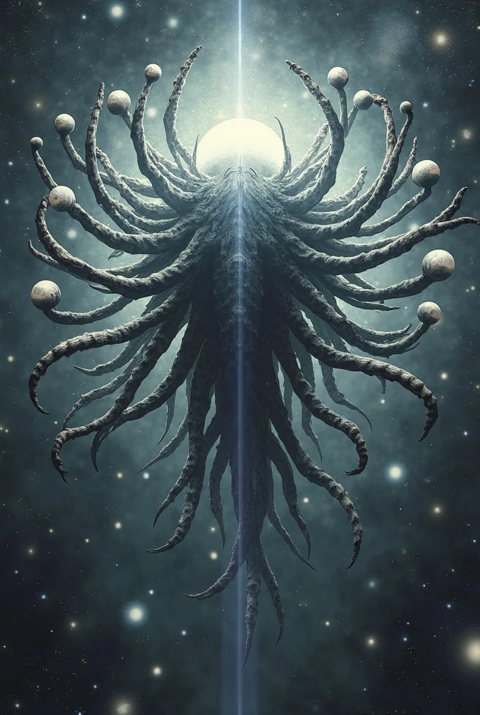 "cosmic entity": um ser com quatro olhos brilhantes, multiple arms, A breathtaking view from space reveals a twisted galaxy full of strange life forms and entities that humans understand. Planet with night sky, fenda, leviathan, 8k, lindo, dramatic scene