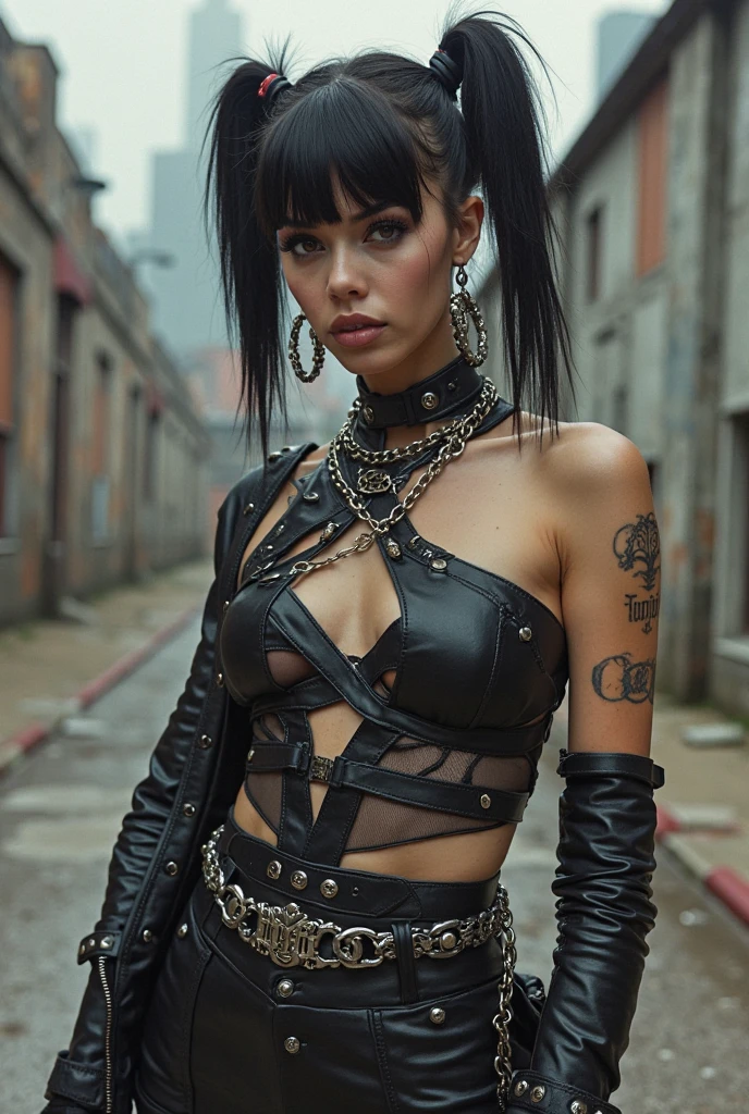 ((21-year-old))), black girl, (((light skin))), (((full body pose))), (((long curly black hair))), (((wearing tight ripped clothing, wrapped in chains, boots, guns))), (((black fishnet bodysuit))), (((submissive))), (((metal choker))), (((post apocalyptic scene, old cars, fire, death))), dark fantasy, Rich, Deep Colours, (intricate details:0.9), (HDR, hyper-detailing:1.2), (natural skin textures, hyper realisitc, glistening skin, soft light, Sharp),