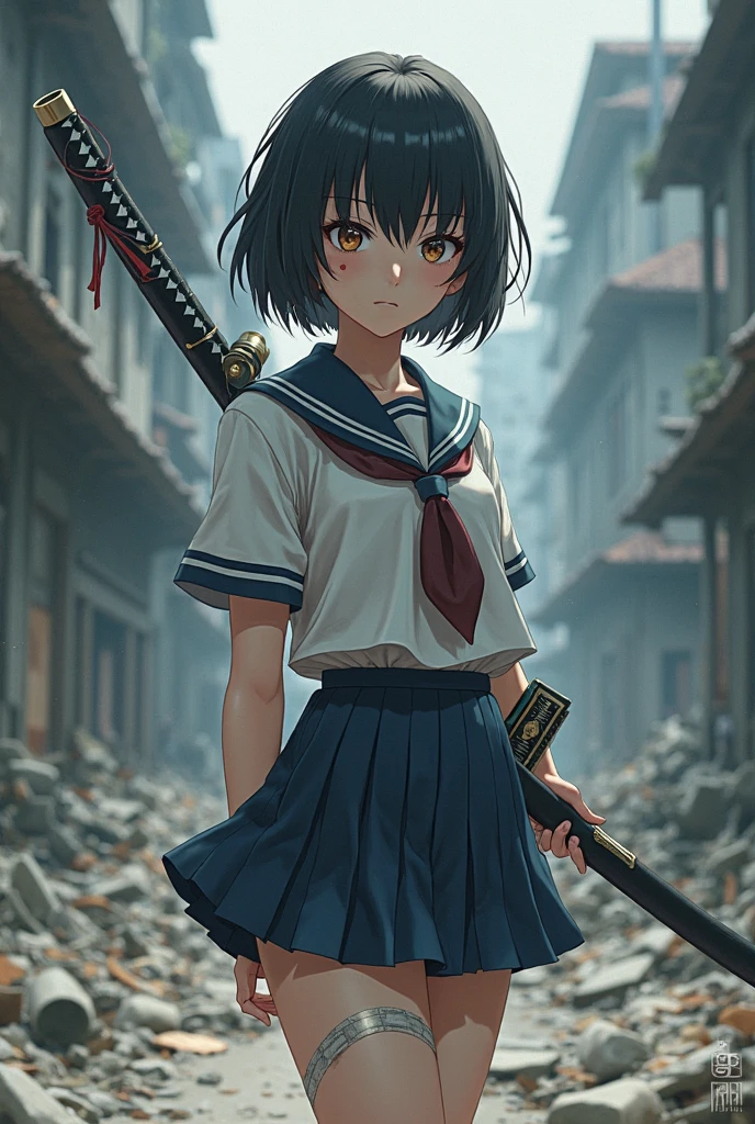 One Girl、Escaping from a horde of zombies、Grouped Zombies、Broken Town、Upper Body、Running away、Sweat、Blood、Cloudy sky、Troubled expression、Angle from the front、