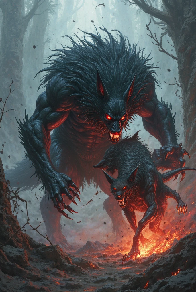 man and werewolf, duet, Two characters, naked, man and werewolf, size difference, Large Werewolf, Love, happy, a high resolution, high detail, high quality, very detailed, 4K, detailed face, beard, Fur Balls, detailed genitals, penis, obscene, erection