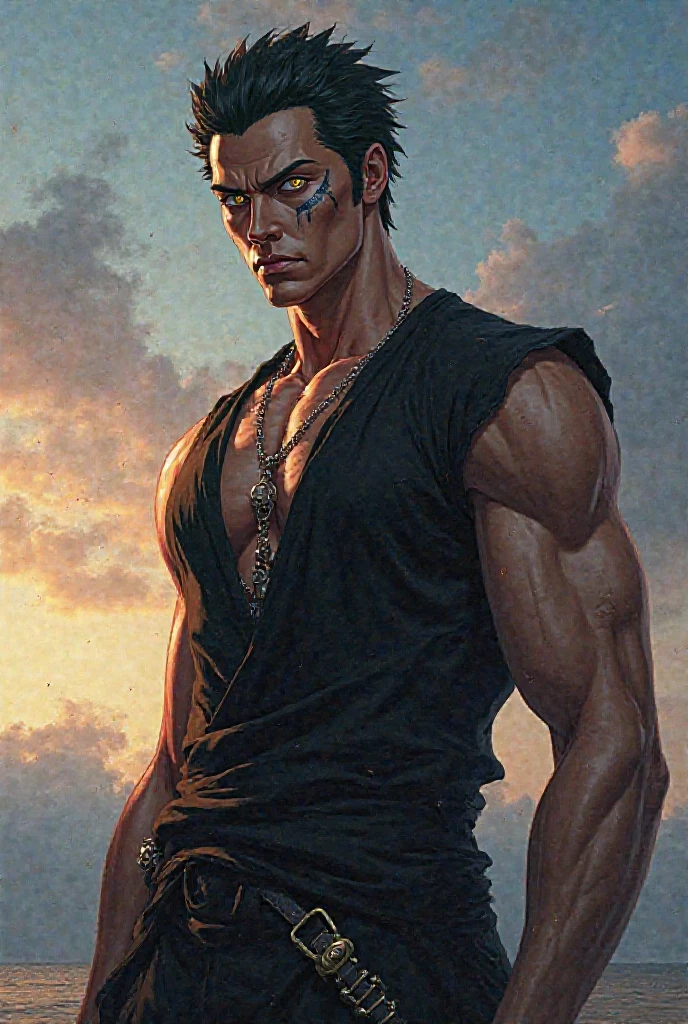 A middle-aged man with short hair, a bandage around his head that covers one eye, a sly grin on his face, he wears a ragged open-chest vest, reveals a large part of his chest, adorned with tattoos on his right side, with one tattoo on his right shoulder, he wears tattered cloth wrist guards, old coarse linen pants, he stands amidst a collection of dilapidated Southeast Asian-style thatched huts, surrounded by forests, marshy terrain, under the sunlight, this character embodies a finely crafted a fantasy-style wilderness design in anime style, characterized by a sophisticated and mature manga illustration art style, high definition, best quality, highres, ultra-detailed, ultra-fine painting, extremely delicate, professional, anatomically correct, symmetrical face, extremely detailed eyes and face, high quality eyes, creativity, RAW photo, UHD, 8k, Natural light, cinematic lighting, masterpiece:1.5