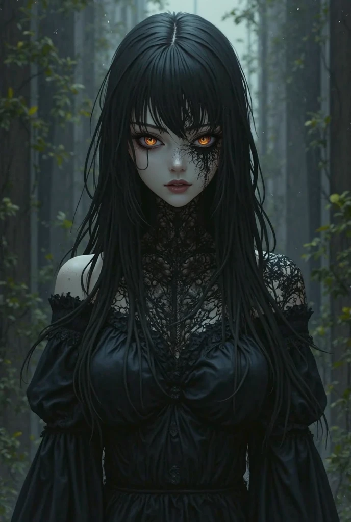 (Highest quality,4K,8K,High resolution,masterpiece:1.2),Super detailed,(Realistic,photoRealistic,photo-Realistic:1.37),Dark and mysterious,Detailed black clothing,Gothic Makeup,Black lipstick,Pale skin,Smokey Eye,Long black hair,Sharp Fangs,Red eyes,Vampire-like appearance,Expressive and sharp gaze,Earrings and ear piercings,Standing in a moonlit garden surrounded by roses,Spooky and eerie atmosphere,Cast long shadows,The faint moonlight illuminates her face,Creates a dramatic and striking effect.